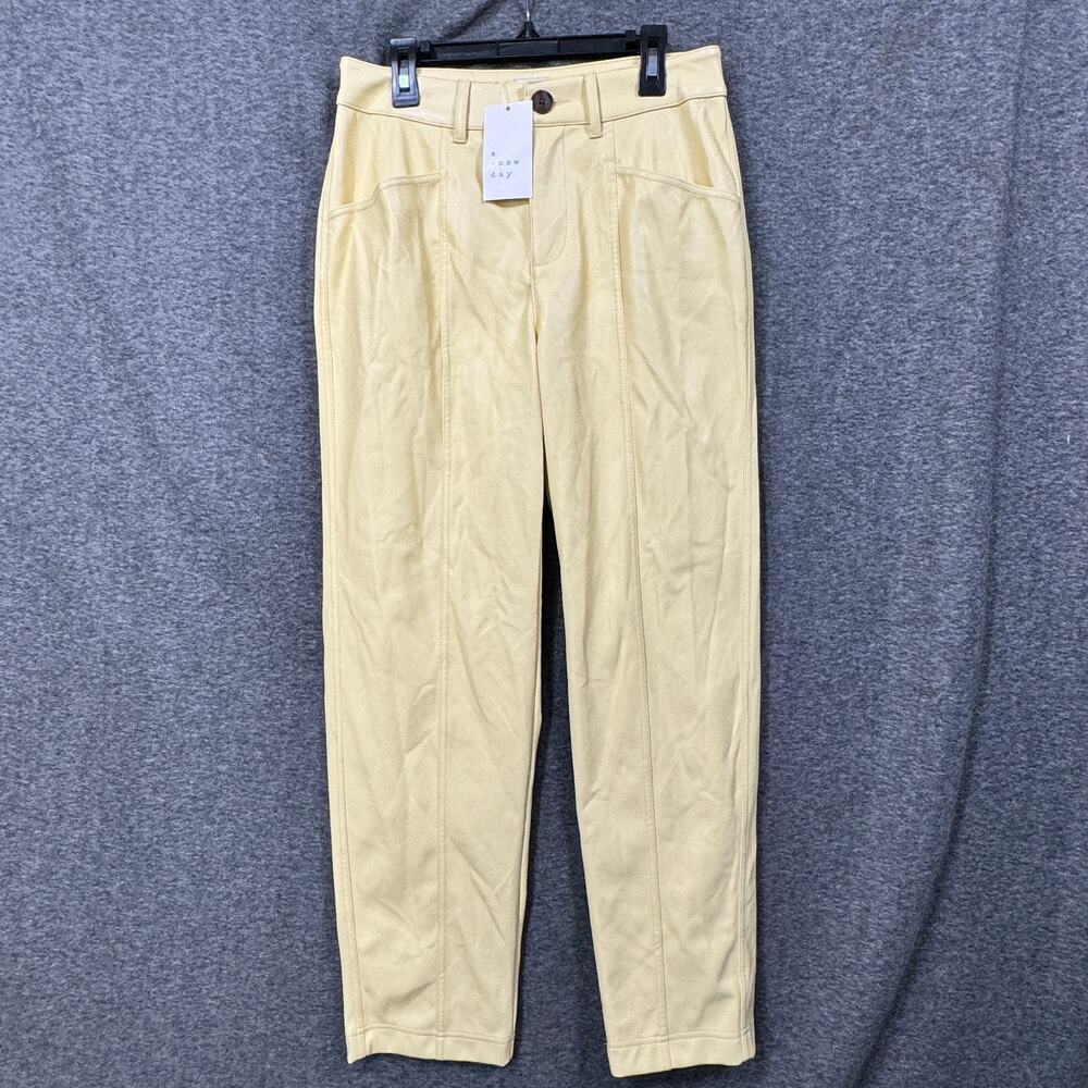 a new day Womens Faux Leather Pants Size 2 Yellow High Rise Pockets Tapered Leg